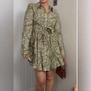 Zara Green and White Long Sleeve short dress Size Med